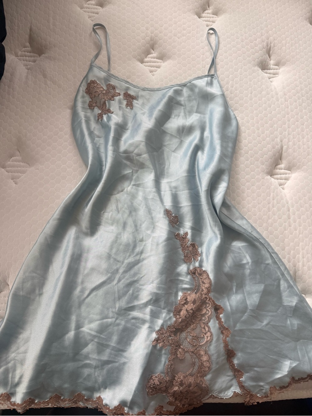 Victoria's Secret Pale Blue Satin Slip with Brown Lace Appliqué #2 - Picture 3 of 8